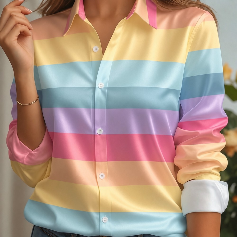 Embellish Knit - Women Satin Lapel Collar Shirt Pastel