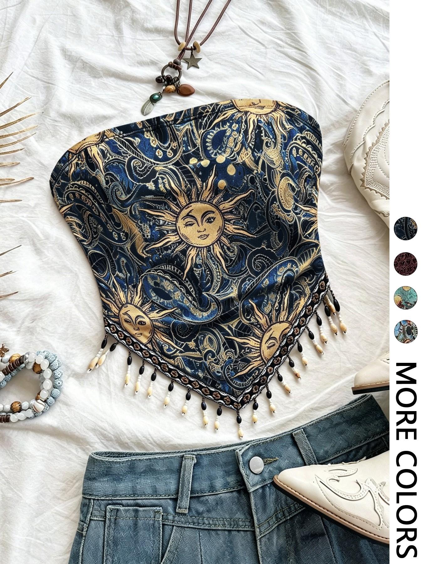 Ladies' 1pc Printed Mesh Knitt - Beaded Trim Fringe recension och pris